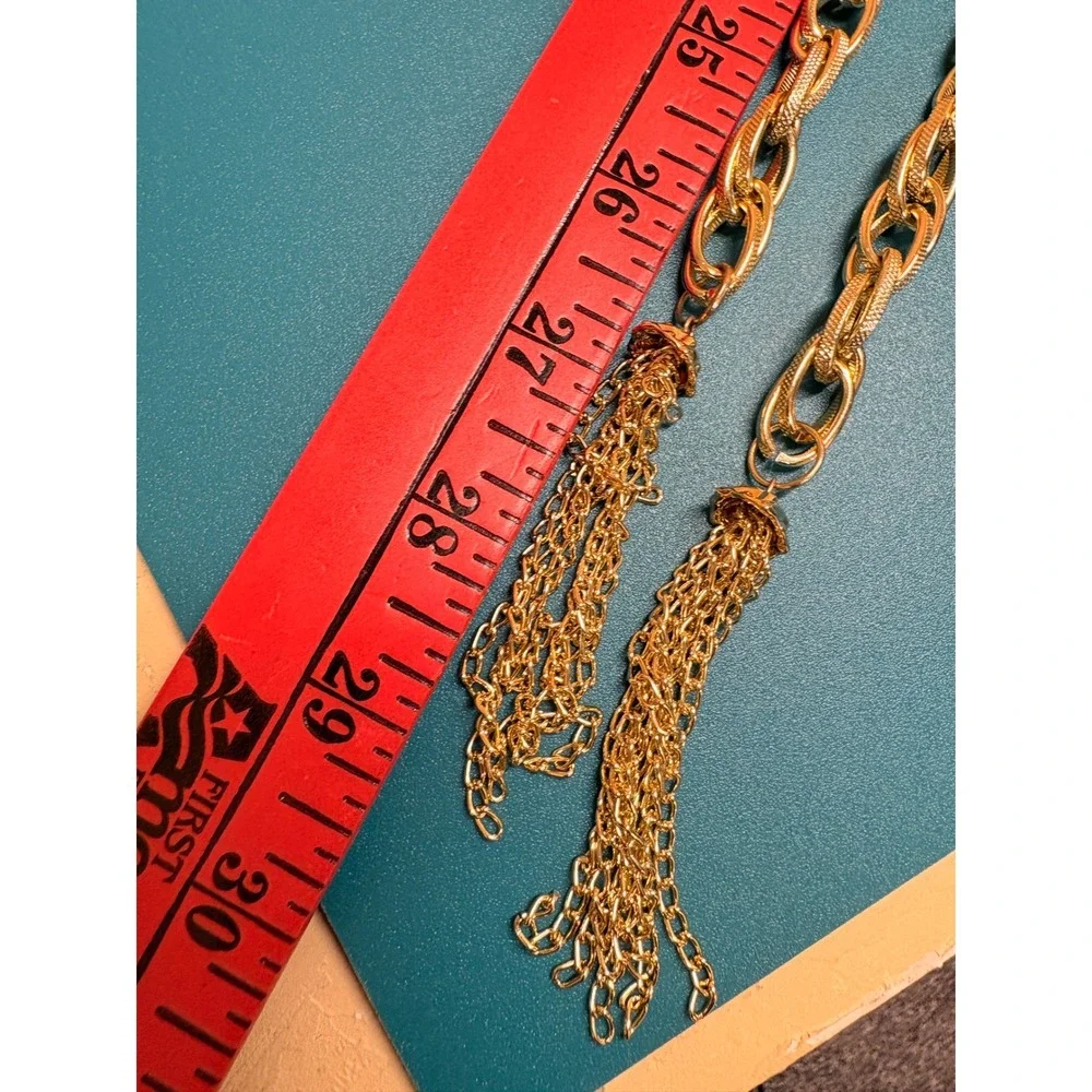 Vintage Gold Tone Textured Link Lariat Necklace Tassel Ends Long Chain